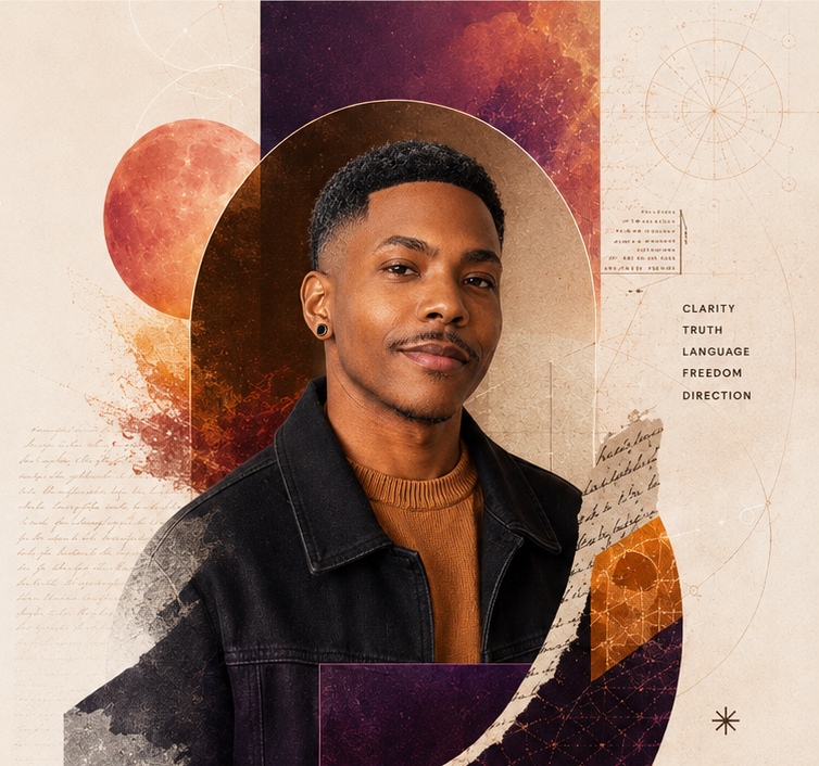 Hapii Sol in a warm editorial collage with orange and plum geometric forms, archival textures, and handwritten notes.