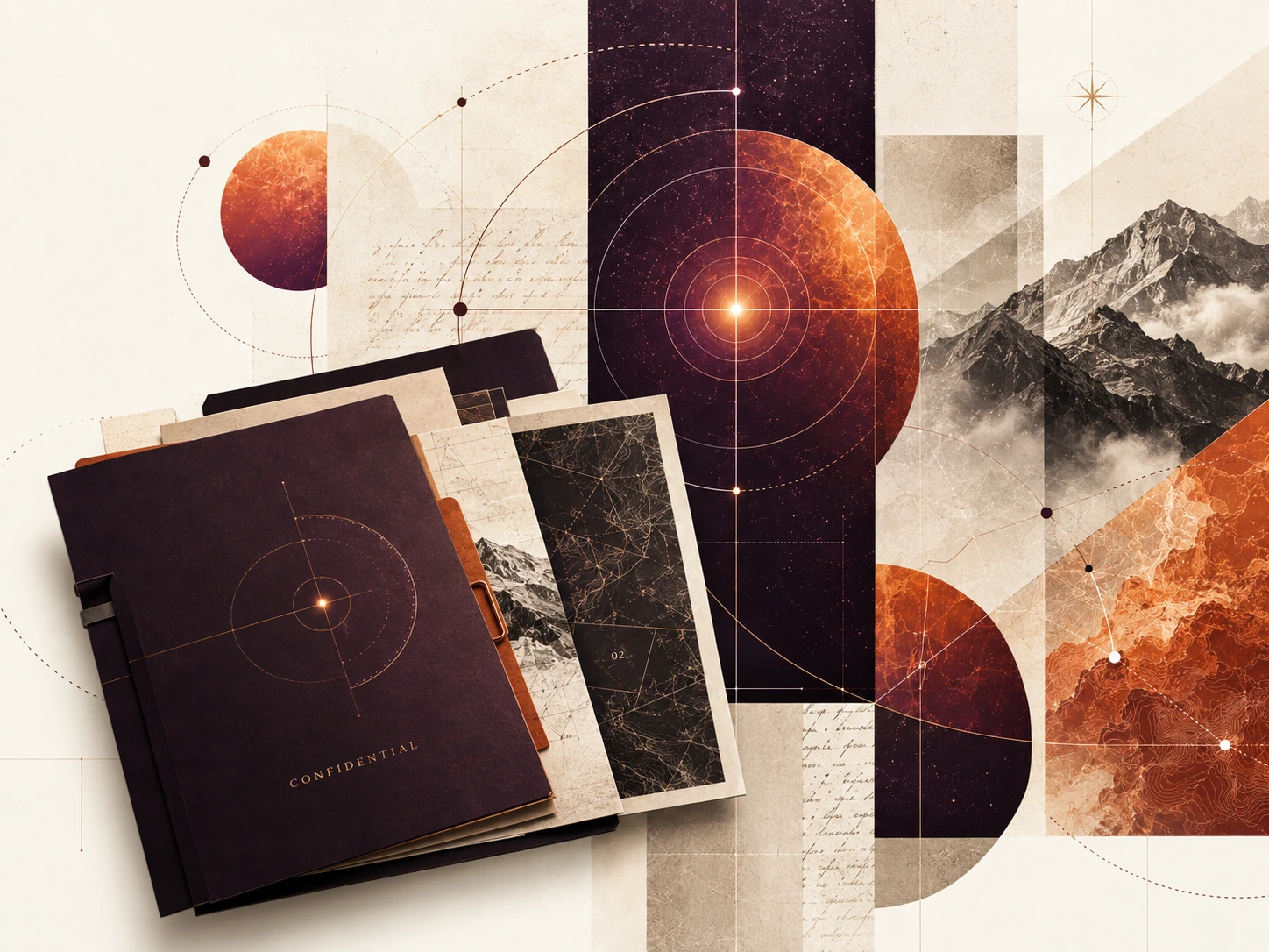 Confidential editorial strategy artwork with dossiers, cartography, and luminous mapping